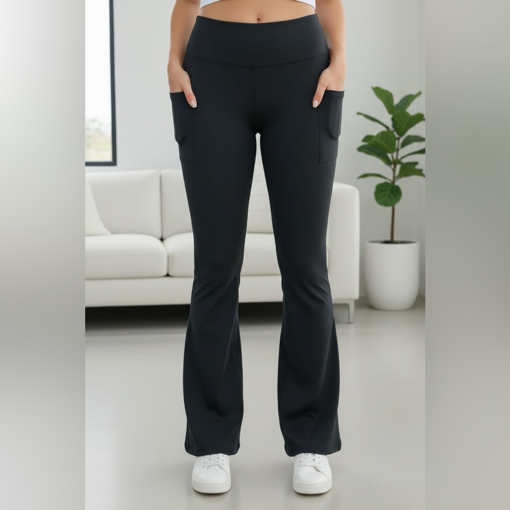 NEW Womens Black Bootleg Leggings, Flared Yoga Pants w/Pockets OS/TC/TC2